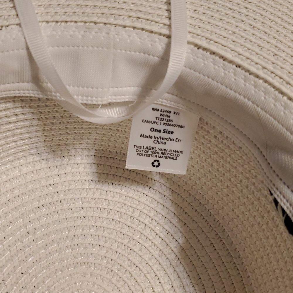 White and Black Floral Women's Sun Hat Bandana Wrap Flat Top Straw Hat - Picture 4 of 10